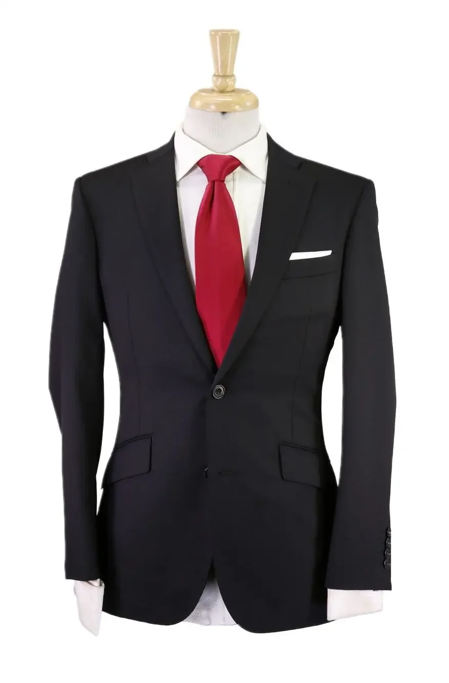 Richard James Savile Row Solid Black 2-Btn Modern Fit Wool Suit 36S